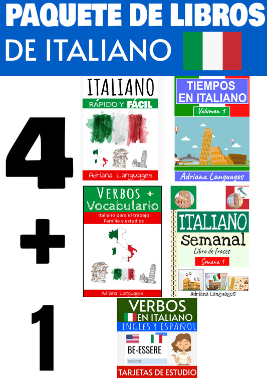 4 LIBROS DE ITALIANO + SET DE TARJETAS DE VERBOS TRILINGUE ITALIANO ESPANOL INGLES